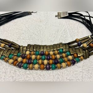 Boho Multi-Bead Statement Belt Leather Wood Metal One Size